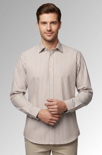 Koszula męska w paski Bernardo wygodna i elegancka beżowa u03-456-04