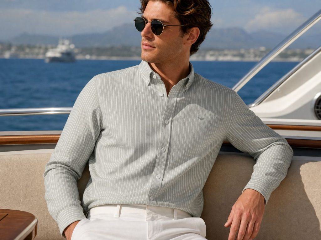 Koszula męska Oxford Weave w paski, bawełniana, Classic Fit kolor zielony przód na modelu styl old money