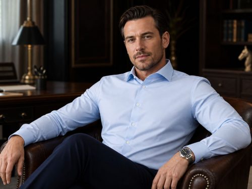 Koszula męska Non Iron elegancka bawełniana kolor niebieski na modelu