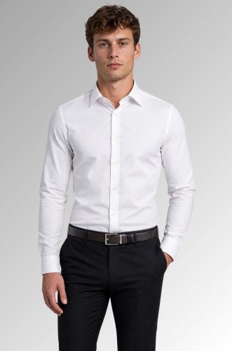 Koszula męska Oxford Weave Slim Fit biała, kołnierz klasyczny przód na modelu