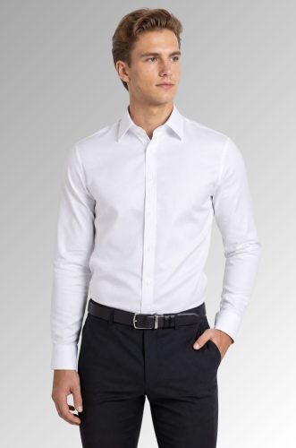 Koszula męska Los Angeles Slim Fit satynowa bawełna kolor biały na modelu przód