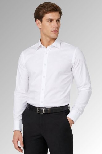 Koszula męska Twill Slim Fit elastyczna bawełna kolor biały na modelu