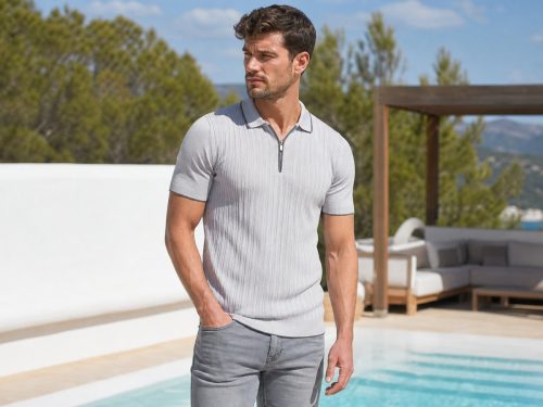 Koszulka polo Faro dzianinowa wiskoza premium suwak na modelu front