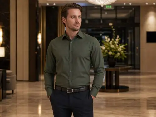 Koszula męska Ciro elegancka koszula z miękkiego materiału Classic Fit kolor khaki na modelu front w hotelowym holu