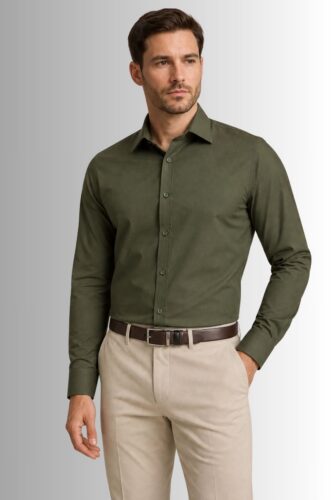 Koszula męska Ciro elegancka koszula z miękkiego materiału Classic Fit na modelu front kolor khaki