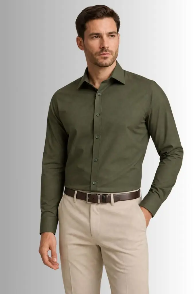 Koszula męska Ciro elegancka koszula z miękkiego materiału Classic Fit na modelu front kolor khaki
