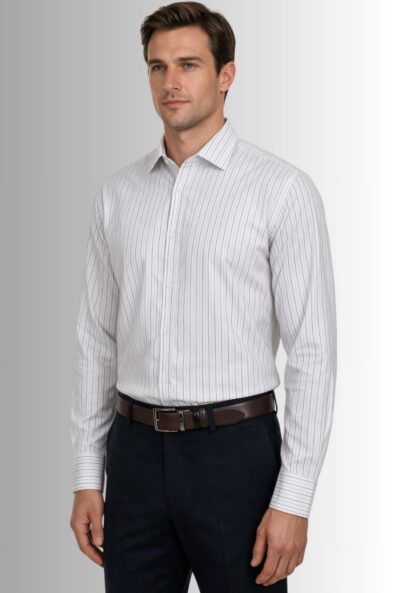 Koszula męska Rozzano w prążki, bawełna premium, Classic Fit szary prążek na modelu