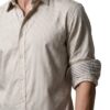 Koszula męska Monti bawełniana w prążki, dwustronna tkanina, Classic Fit kolor beżowy na modelu podwinięty rękaw